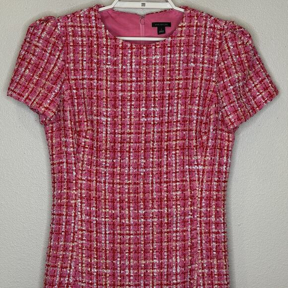 Ann Taylor Tweed Dress Womens Size 4 Pink Plaid Short Sleeve Round Neck Zip Back - Picture 2 of 7